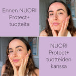 NUORI Protect+ hajusteeton puhdistusmaito ennen ja jälkeen